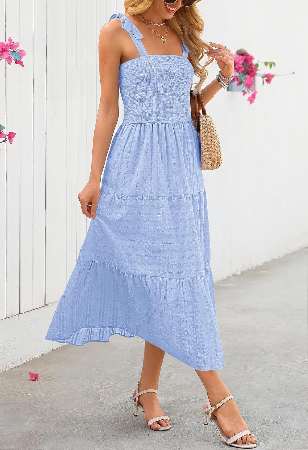 imageMEROKEETY Womens 2026 Spring Boho Maxi Dress Summer Beach Vacation Casual Sleeveless Smocked A Line Sundress with PocketsBlue