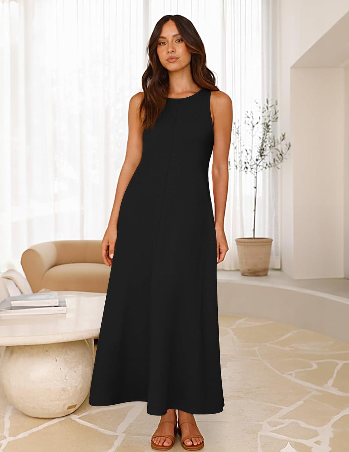 imageMEROKEETY Womens 2026 Summer Maxi Dress Sleeveless Crewneck Casual Loose Beach Vacation Basic Long SundressBlack