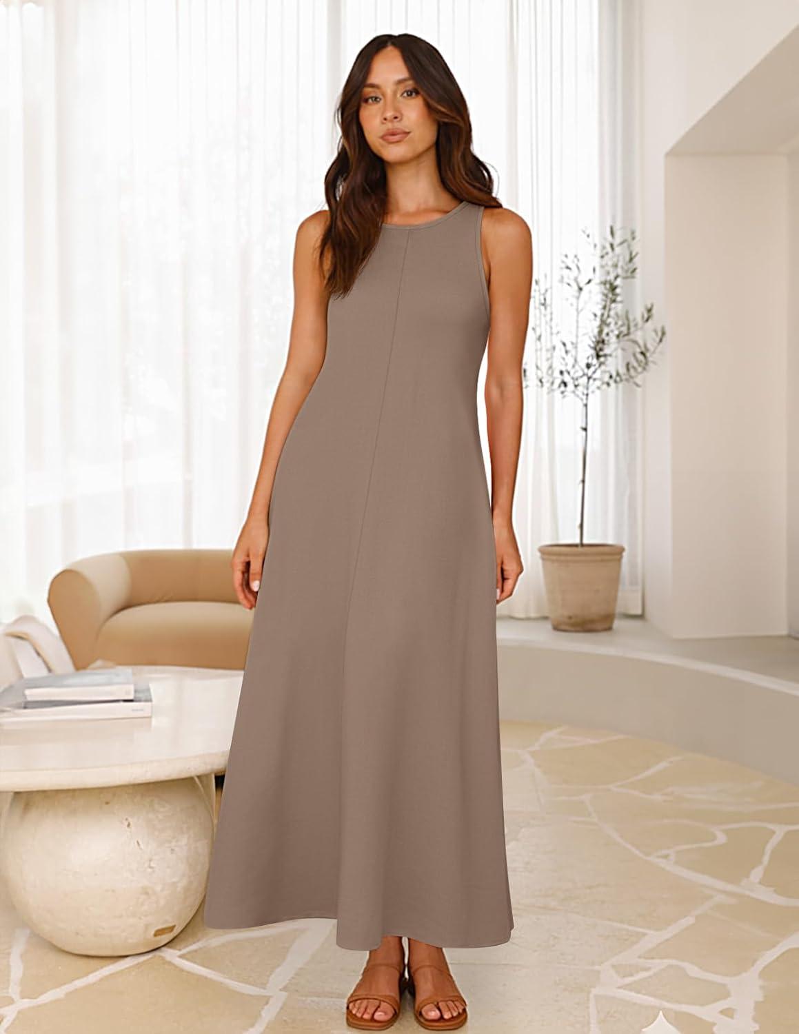 imageMEROKEETY Womens 2026 Summer Maxi Dress Sleeveless Crewneck Casual Loose Beach Vacation Basic Long SundressMocha