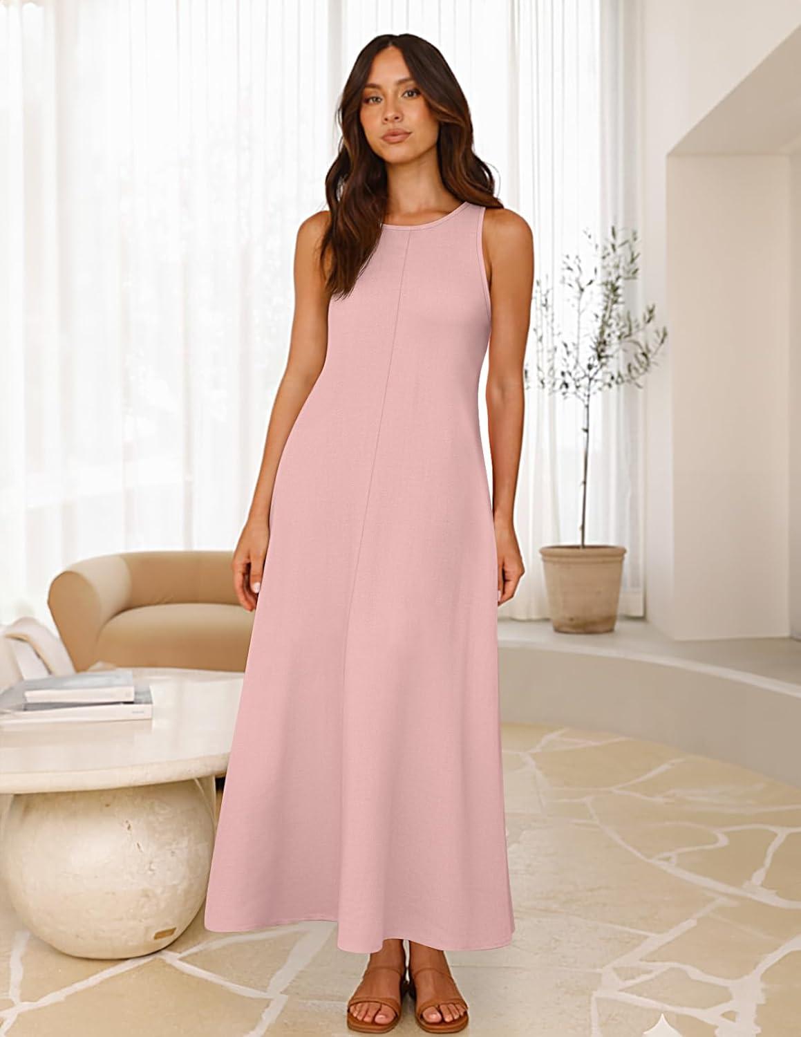 imageMEROKEETY Womens 2026 Summer Maxi Dress Sleeveless Crewneck Casual Loose Beach Vacation Basic Long SundressPink