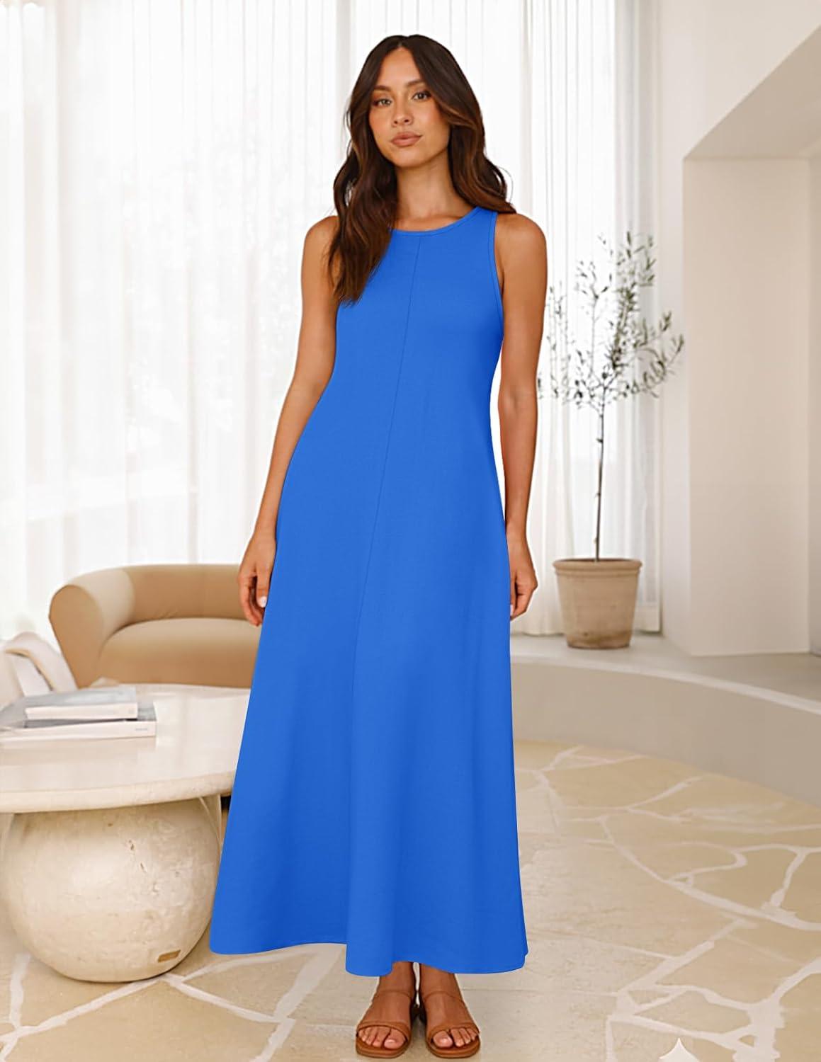 imageMEROKEETY Womens 2026 Summer Maxi Dress Sleeveless Crewneck Casual Loose Beach Vacation Basic Long SundressRoyalblue