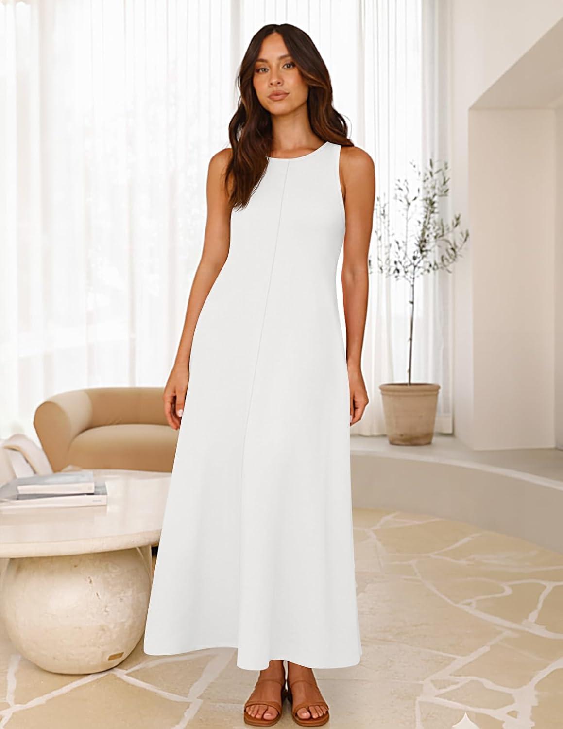 imageMEROKEETY Womens 2026 Summer Maxi Dress Sleeveless Crewneck Casual Loose Beach Vacation Basic Long SundressWhite