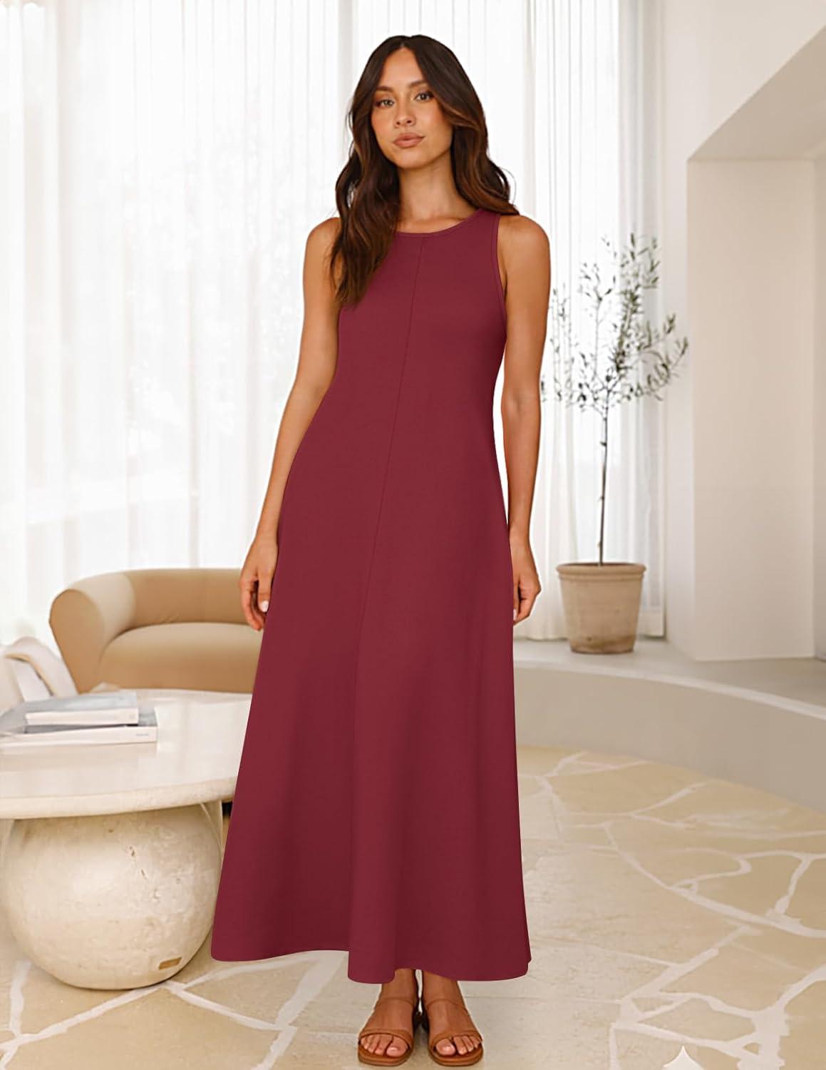 imageMEROKEETY Womens 2026 Summer Maxi Dress Sleeveless Crewneck Casual Loose Beach Vacation Basic Long SundressWinered
