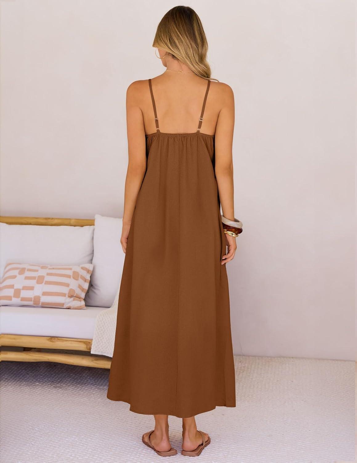 imageMEROKEETY Womens Boho Maxi Dresses 2026 Spaghetti Straps Spring Summer Sundress Casual Beach Vacation Long DressesCaramel
