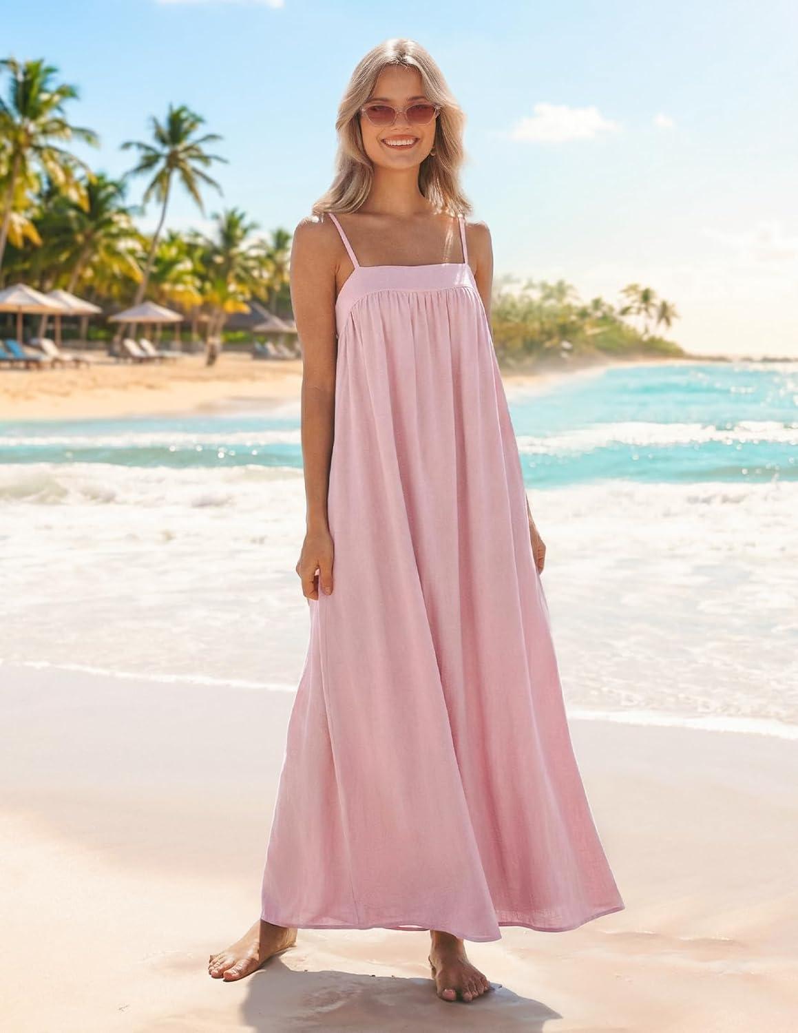 imageMEROKEETY Womens Boho Maxi Dresses 2026 Spaghetti Straps Spring Summer Sundress Casual Beach Vacation Long DressesPink