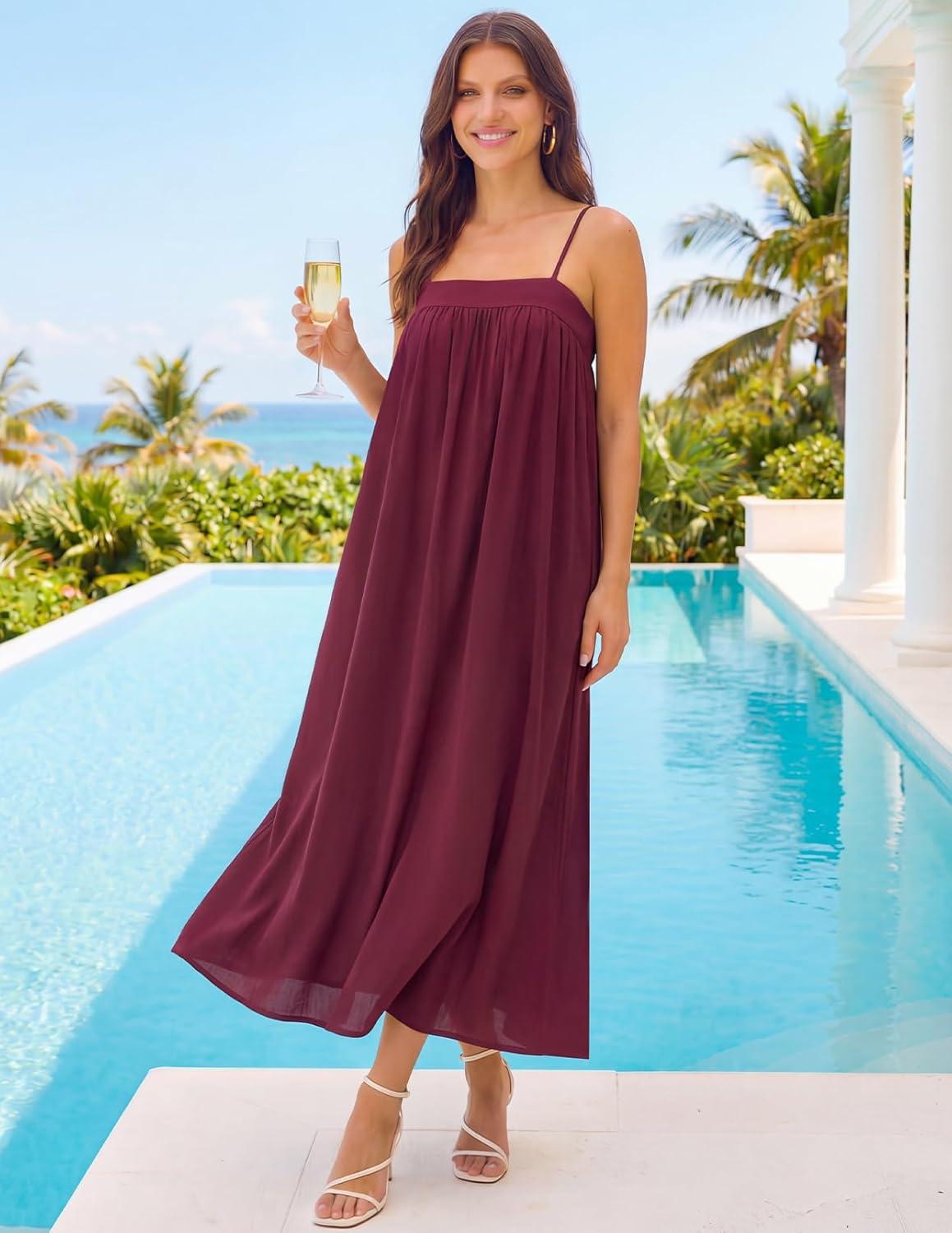 imageMEROKEETY Womens Boho Maxi Dresses 2026 Spaghetti Straps Spring Summer Sundress Casual Beach Vacation Long DressesWine
