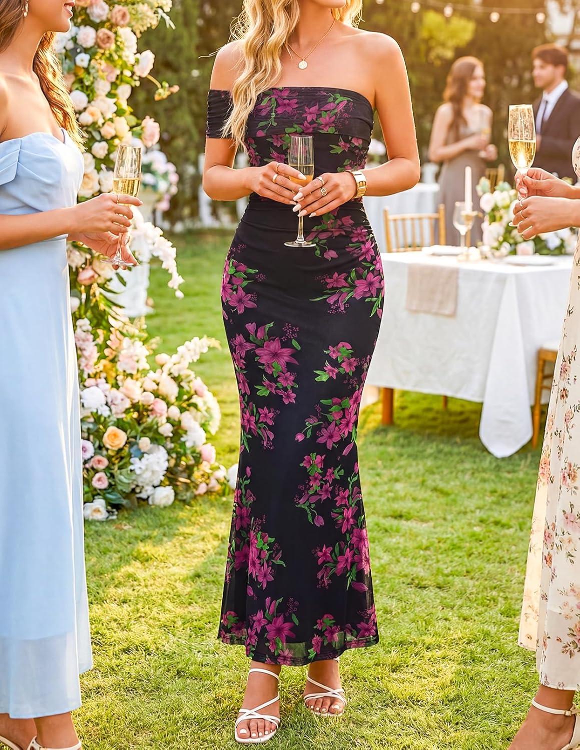 imageMEROKEETY Womens Floral Maxi Dress 2026 Summer Off Shoulder Ruched Mesh Bodycon Cocktail Wedding Guest Party DressesBlack
