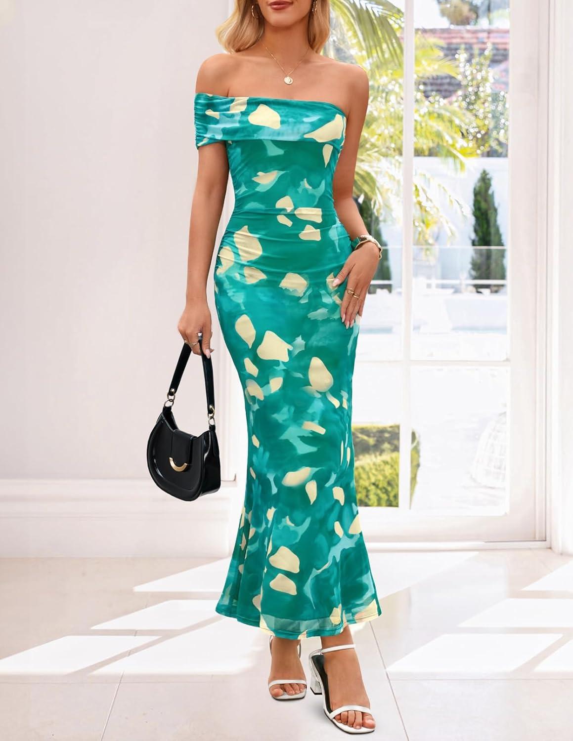 imageMEROKEETY Womens Floral Maxi Dress 2026 Summer Off Shoulder Ruched Mesh Bodycon Cocktail Wedding Guest Party DressesGreen