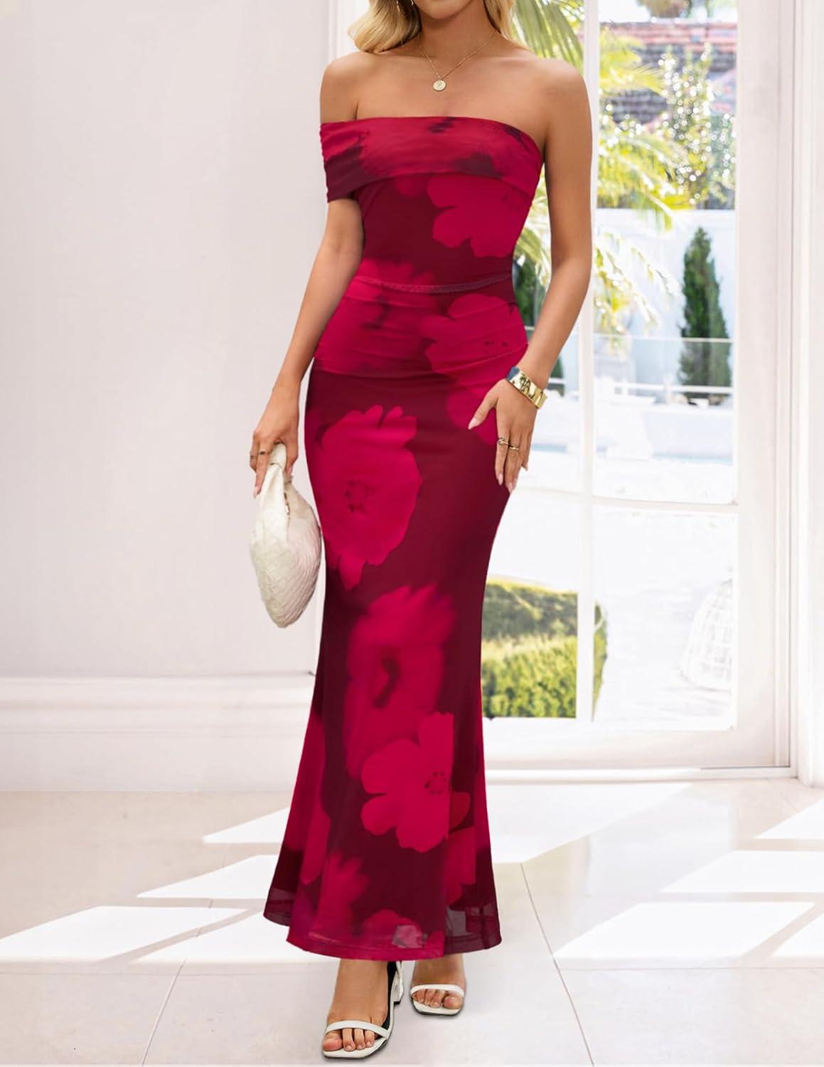 imageMEROKEETY Womens Floral Maxi Dress 2026 Summer Off Shoulder Ruched Mesh Bodycon Cocktail Wedding Guest Party DressesRed