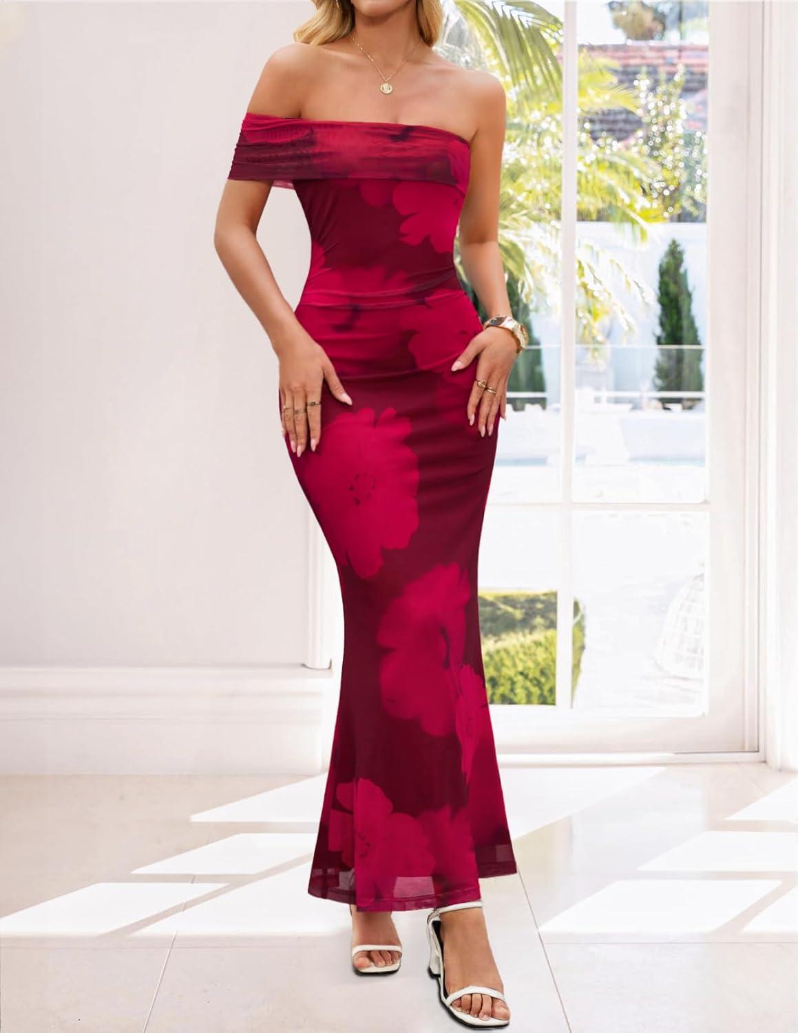 imageMEROKEETY Womens Floral Maxi Dress 2026 Summer Off Shoulder Ruched Mesh Bodycon Cocktail Wedding Guest Party DressesRed