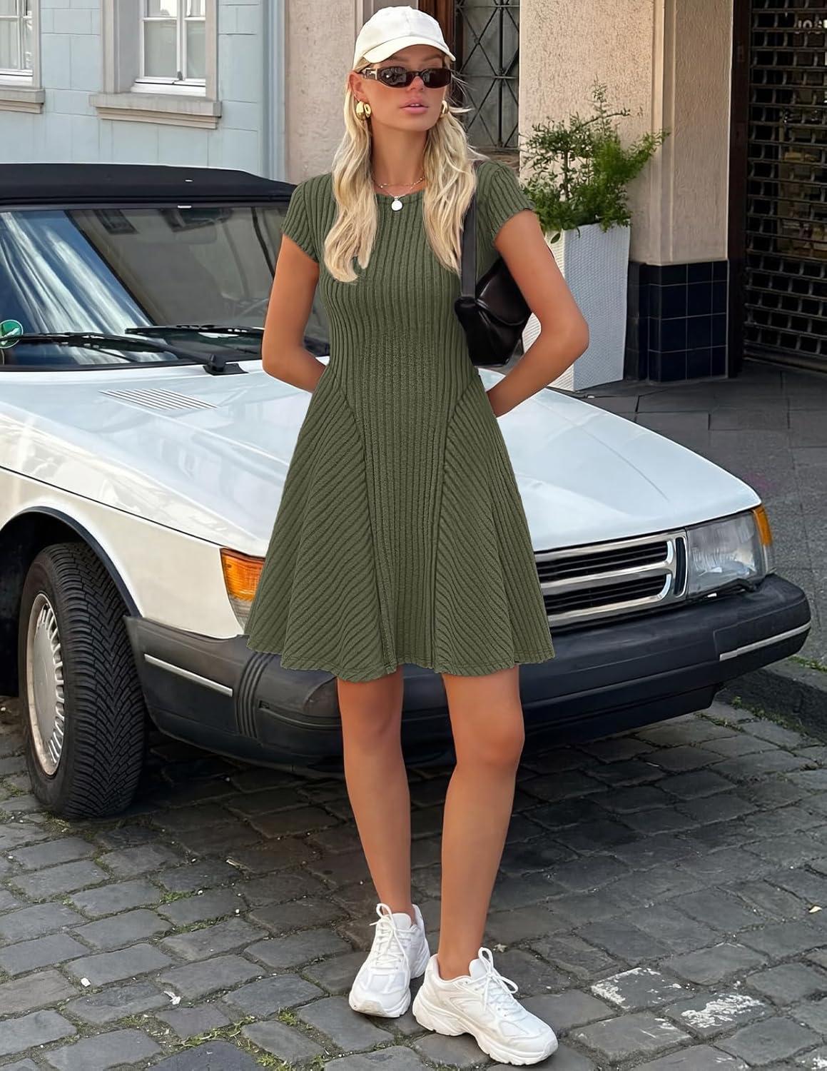 imageMEROKEETY Womens Summer Ribbed Mini Sweater Dress 2026 Spring Casual Crewneck Cap Sleeve Knit A Line Short DressesArmy Green