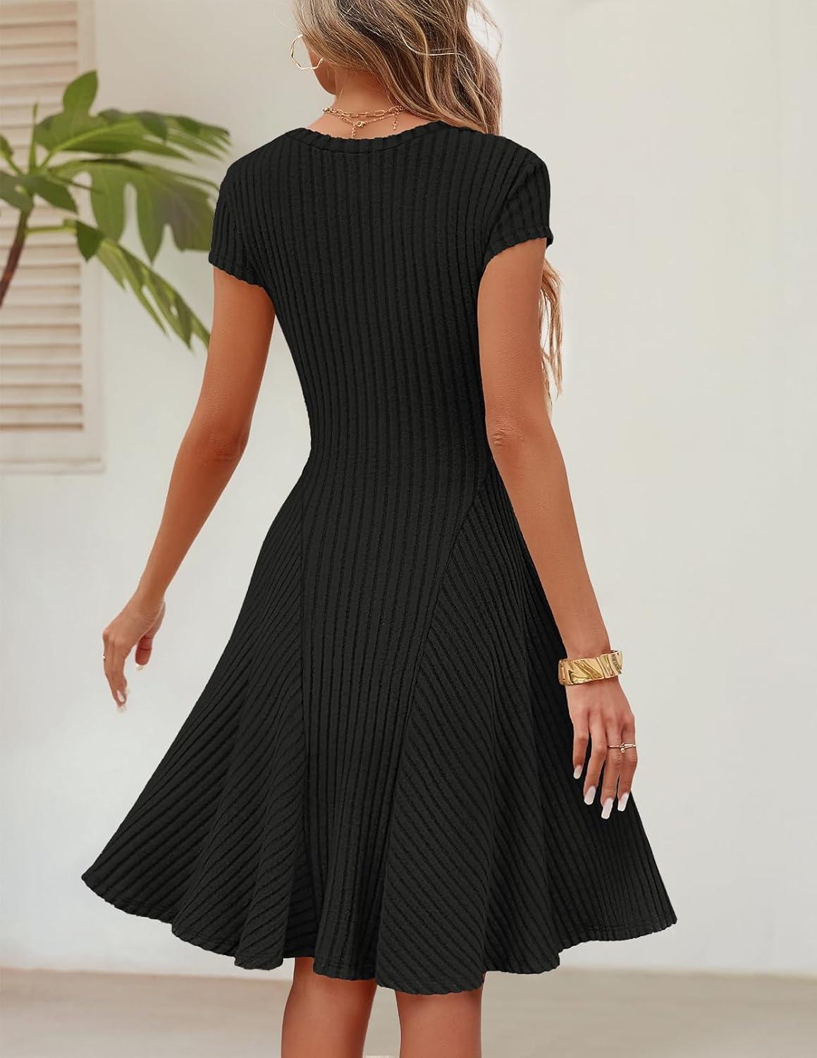 imageMEROKEETY Womens Summer Ribbed Mini Sweater Dress 2026 Spring Casual Crewneck Cap Sleeve Knit A Line Short DressesBlack