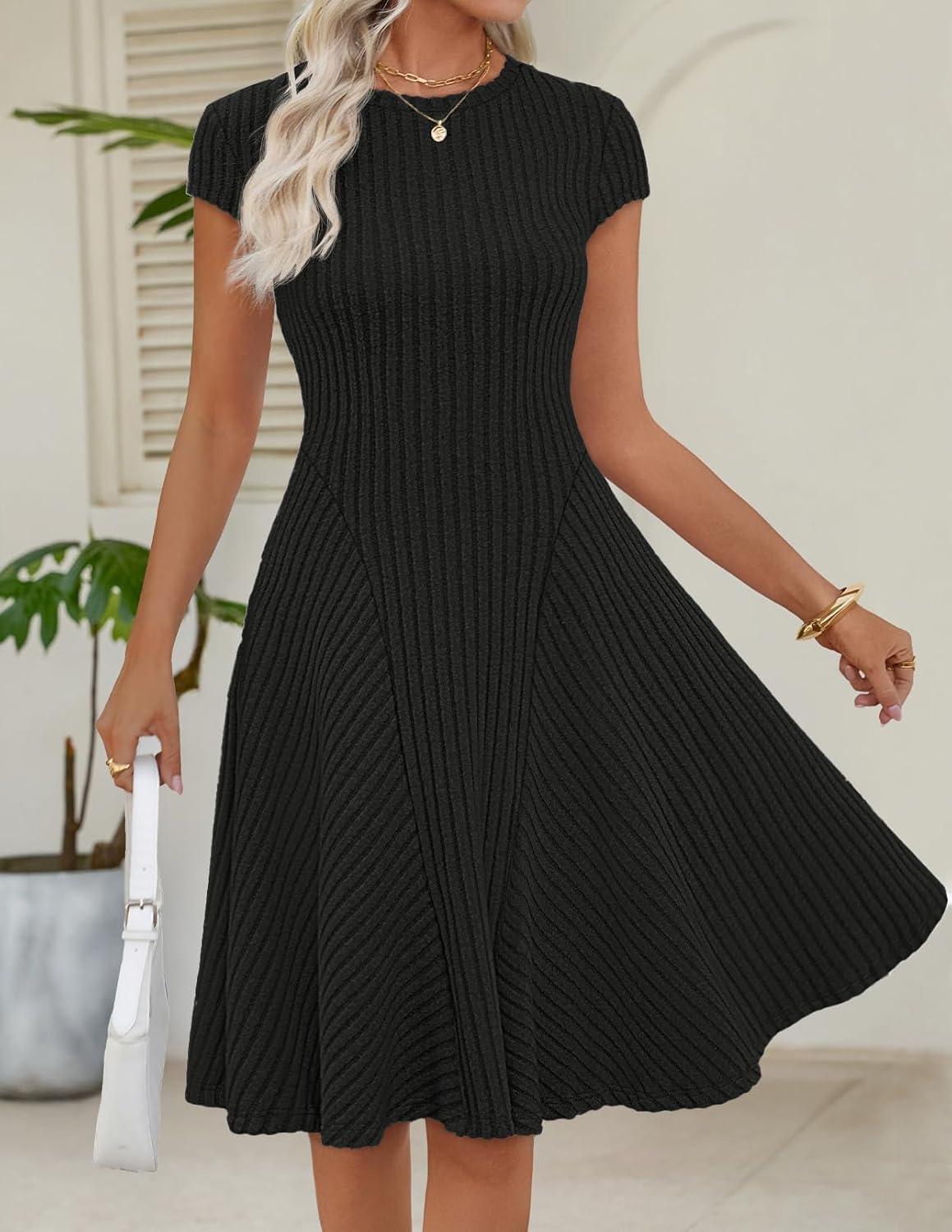 imageMEROKEETY Womens Summer Ribbed Mini Sweater Dress 2026 Spring Casual Crewneck Cap Sleeve Knit A Line Short DressesBlack