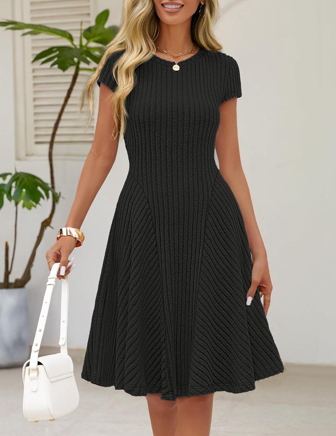 imageMEROKEETY Womens Summer Ribbed Mini Sweater Dress 2026 Spring Casual Crewneck Cap Sleeve Knit A Line Short DressesBlack