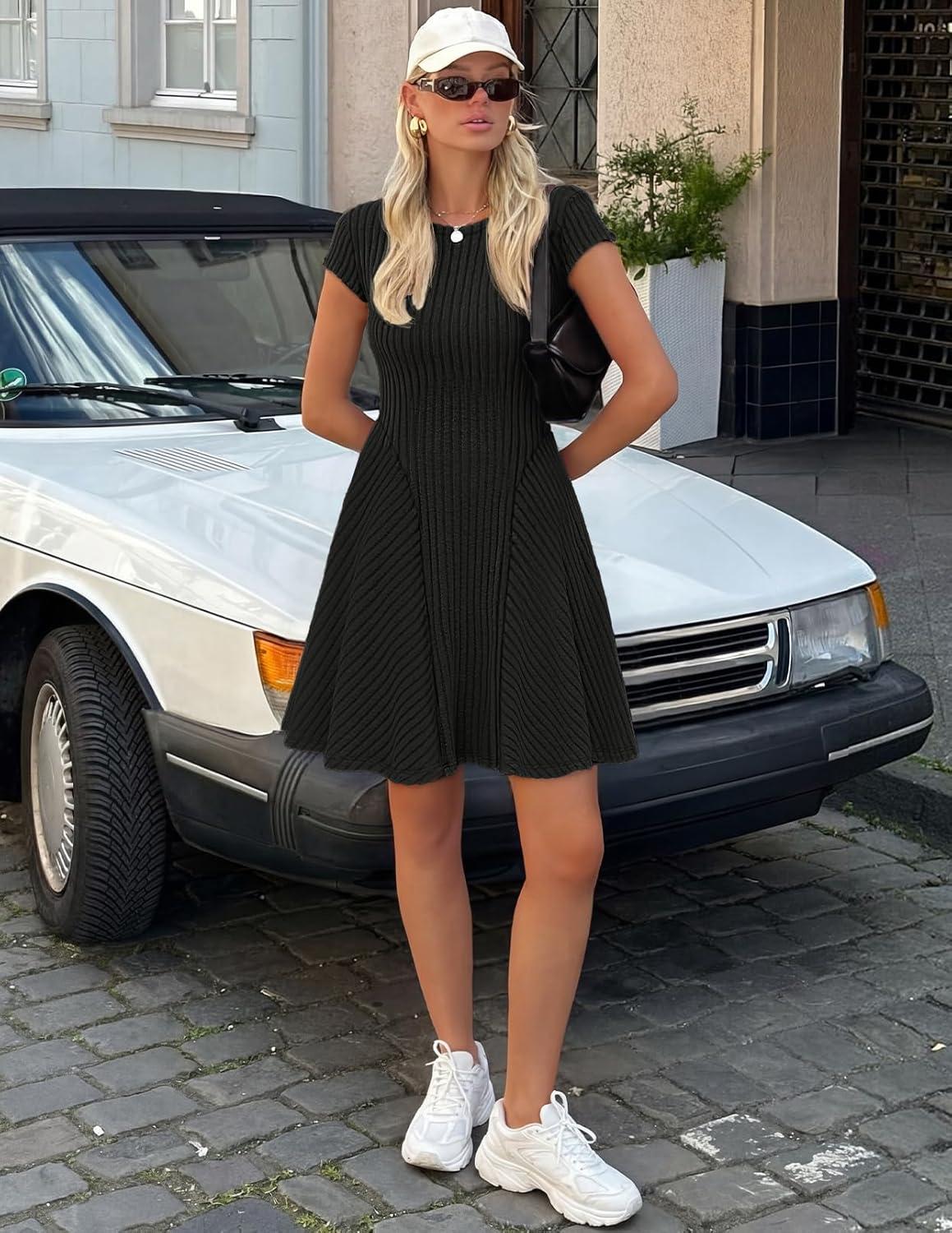 imageMEROKEETY Womens Summer Ribbed Mini Sweater Dress 2026 Spring Casual Crewneck Cap Sleeve Knit A Line Short DressesBlack
