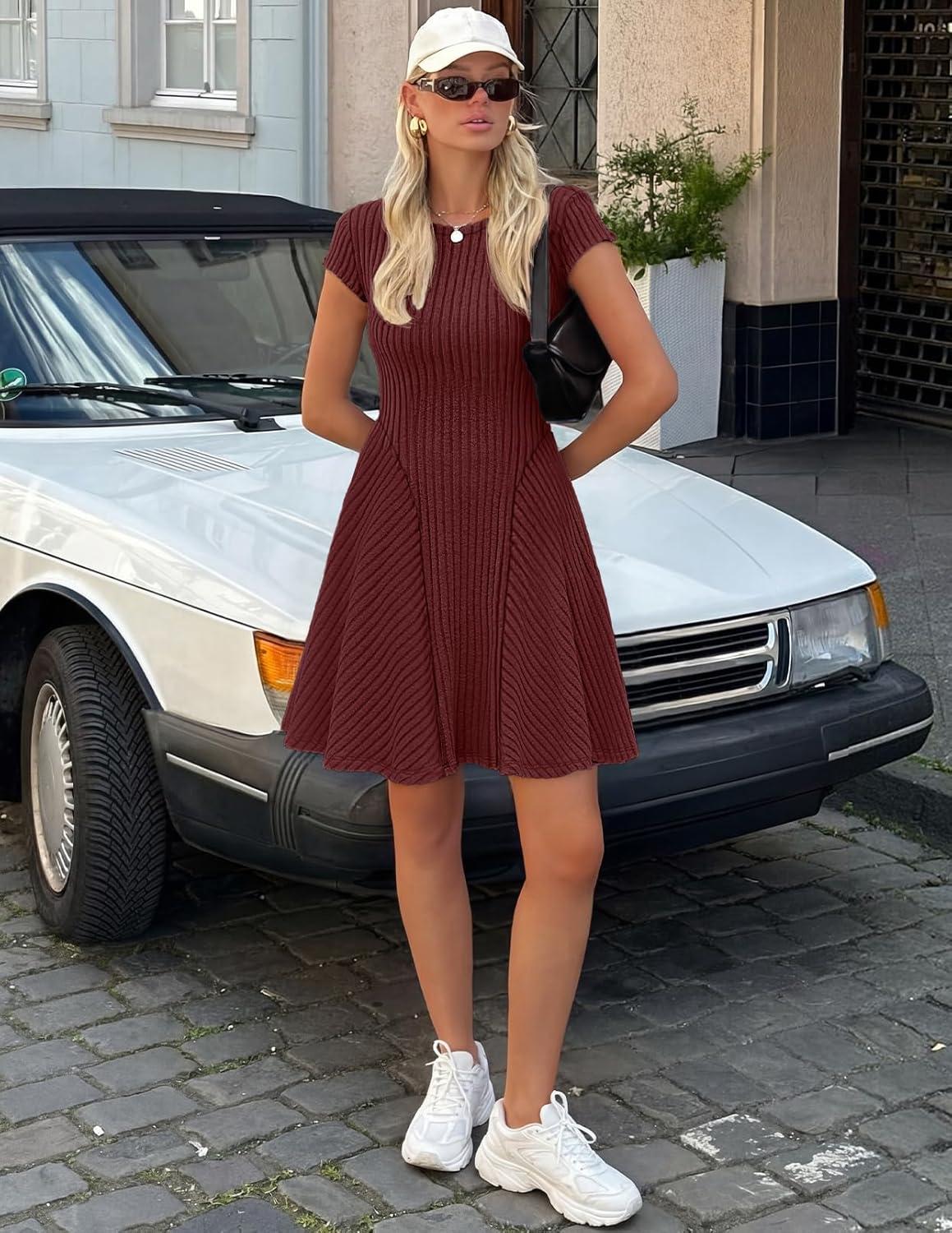 imageMEROKEETY Womens Summer Ribbed Mini Sweater Dress 2026 Spring Casual Crewneck Cap Sleeve Knit A Line Short DressesWine