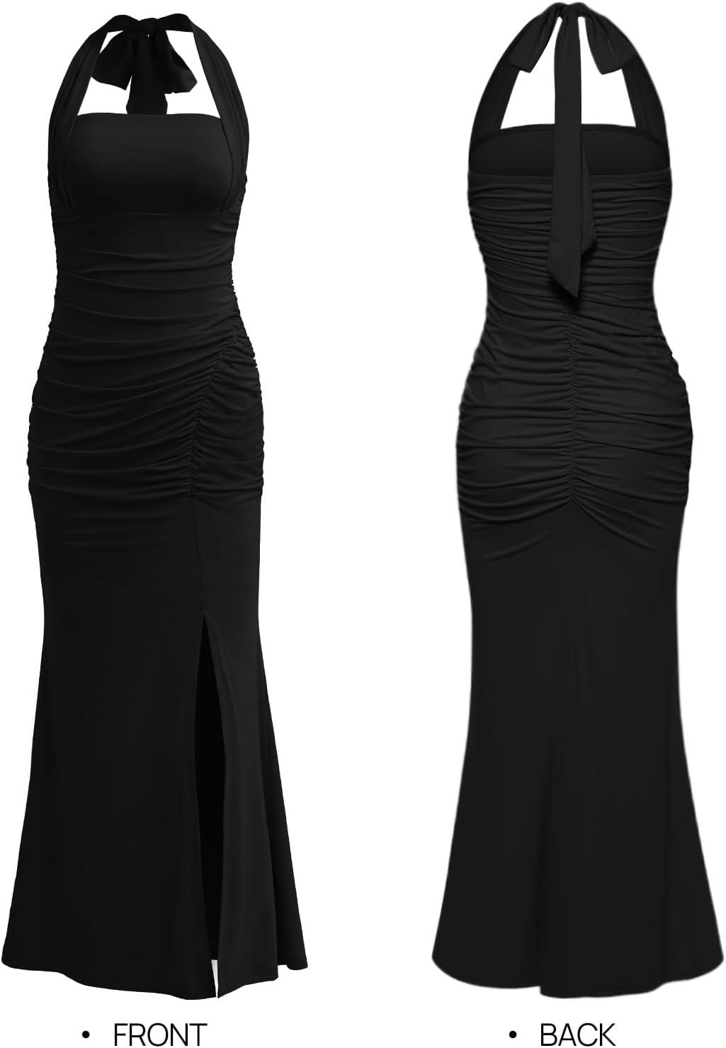 imageMEROKEETY Womens Wedding Guest Dress Summer Sleeveless Halter Backless Slit Ruched Beach Cocktail Formal Maxi DressesBlack