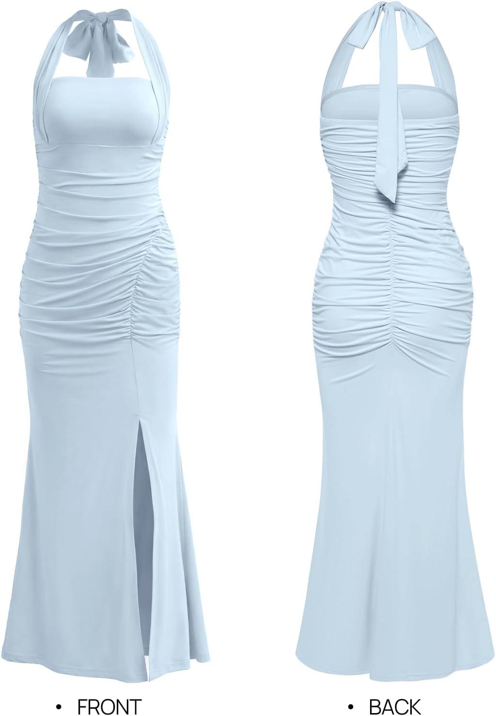imageMEROKEETY Womens Wedding Guest Dress Summer Sleeveless Halter Backless Slit Ruched Beach Cocktail Formal Maxi DressesBlue