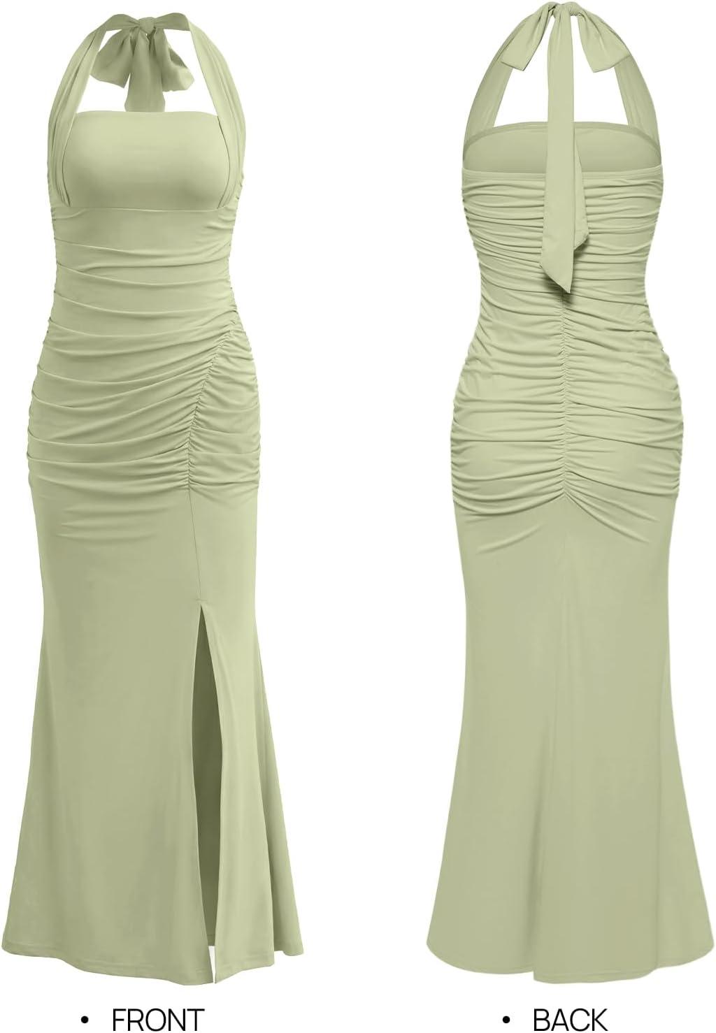 imageMEROKEETY Womens Wedding Guest Dress Summer Sleeveless Halter Backless Slit Ruched Beach Cocktail Formal Maxi DressesGreen