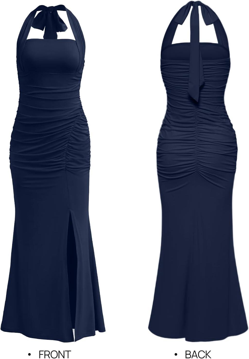 imageMEROKEETY Womens Wedding Guest Dress Summer Sleeveless Halter Backless Slit Ruched Beach Cocktail Formal Maxi DressesNavy