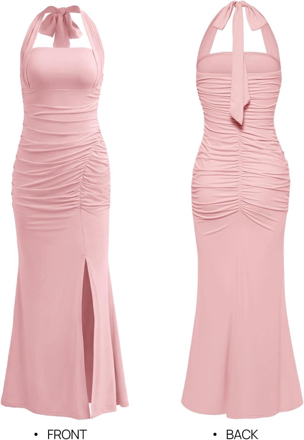 imageMEROKEETY Womens Wedding Guest Dress Summer Sleeveless Halter Backless Slit Ruched Beach Cocktail Formal Maxi DressesPink