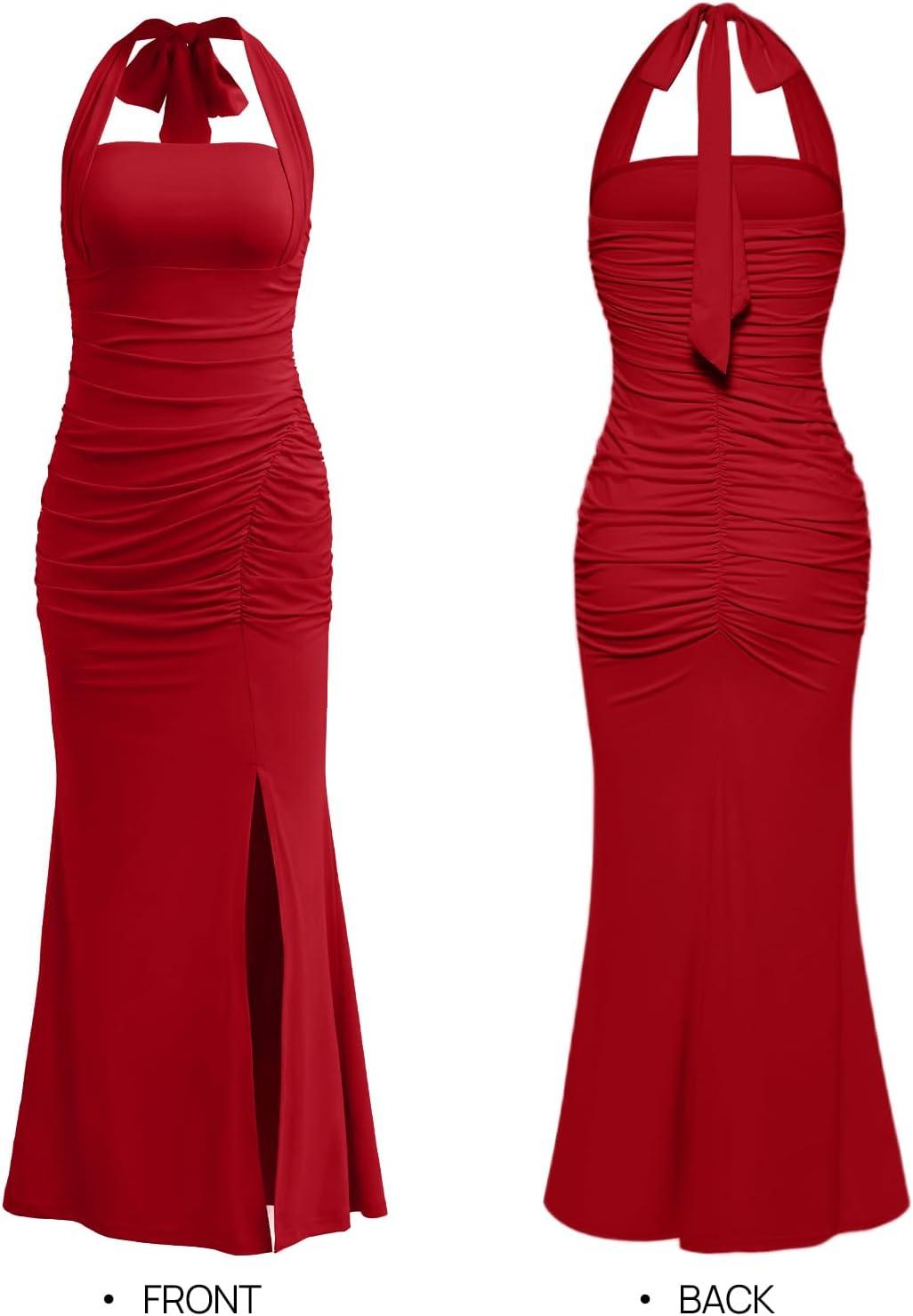imageMEROKEETY Womens Wedding Guest Dress Summer Sleeveless Halter Backless Slit Ruched Beach Cocktail Formal Maxi DressesRed