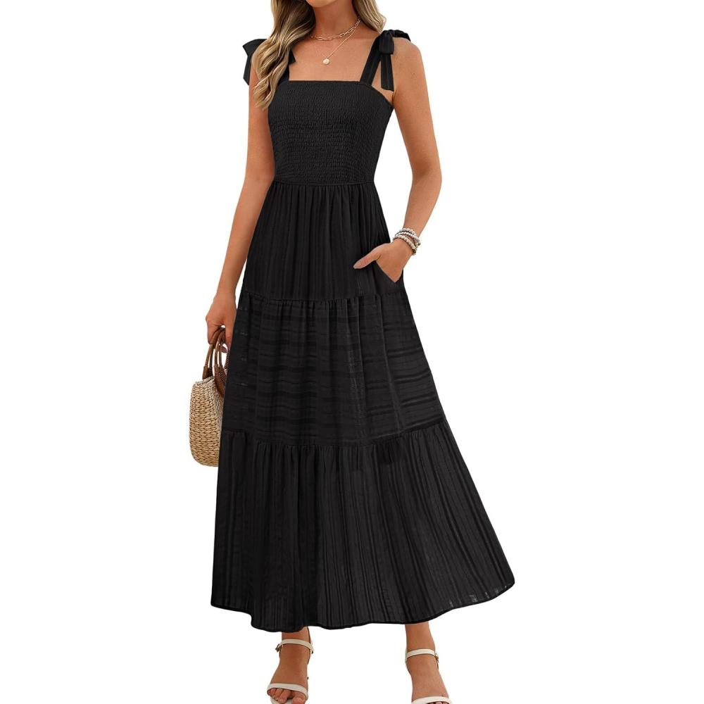 imageMEROKEETY Womens 2026 Spring Boho Maxi Dress Summer Beach Vacation Casual Sleeveless Smocked A Line Sundress with PocketsBlack