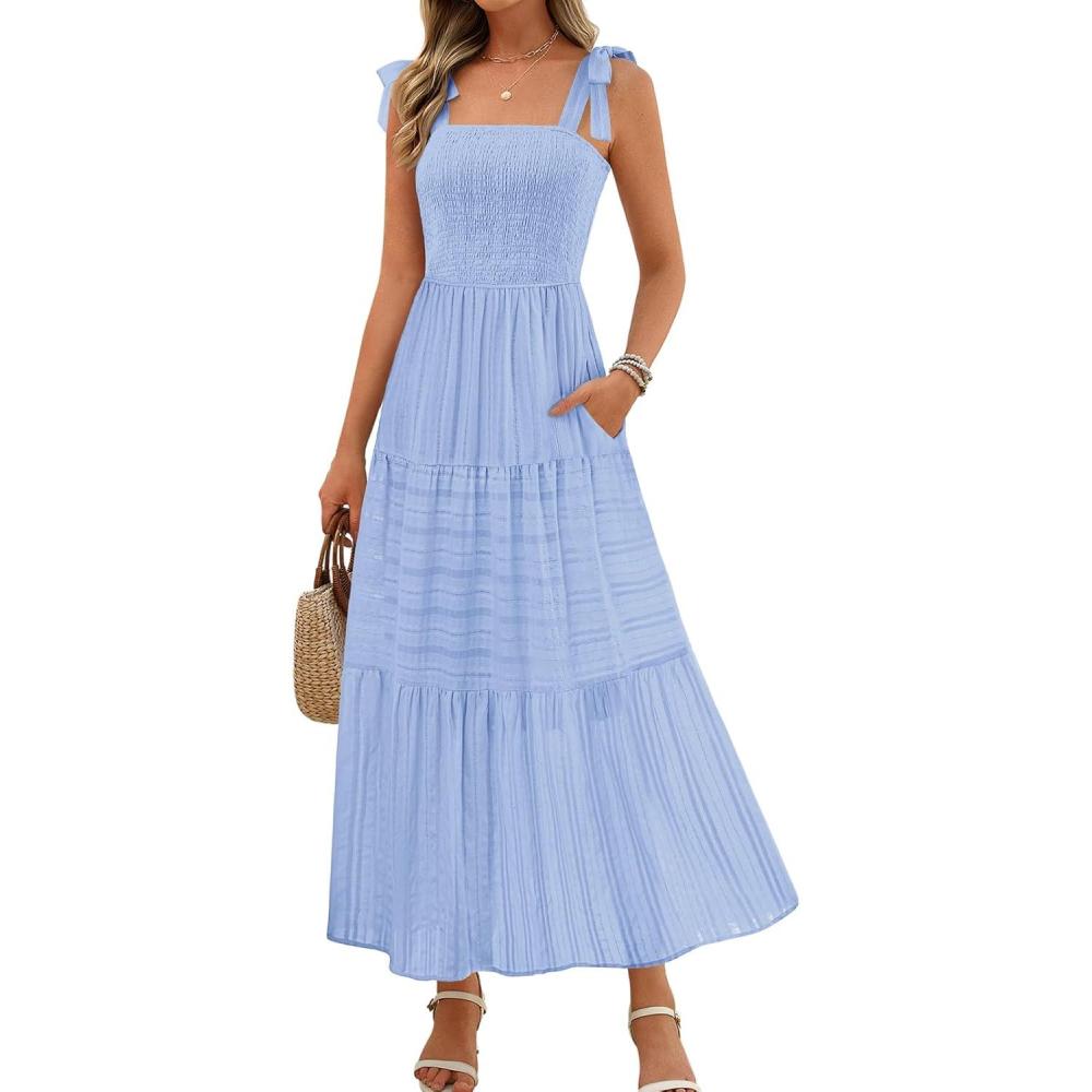 imageMEROKEETY Womens 2026 Spring Boho Maxi Dress Summer Beach Vacation Casual Sleeveless Smocked A Line Sundress with PocketsBlue