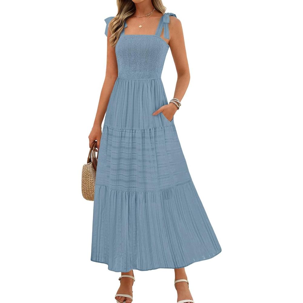 imageMEROKEETY Womens 2026 Spring Boho Maxi Dress Summer Beach Vacation Casual Sleeveless Smocked A Line Sundress with PocketsDustyblue