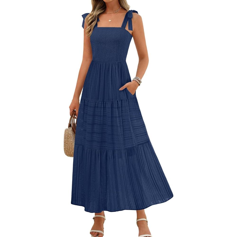 imageMEROKEETY Womens 2026 Spring Boho Maxi Dress Summer Beach Vacation Casual Sleeveless Smocked A Line Sundress with PocketsNavy