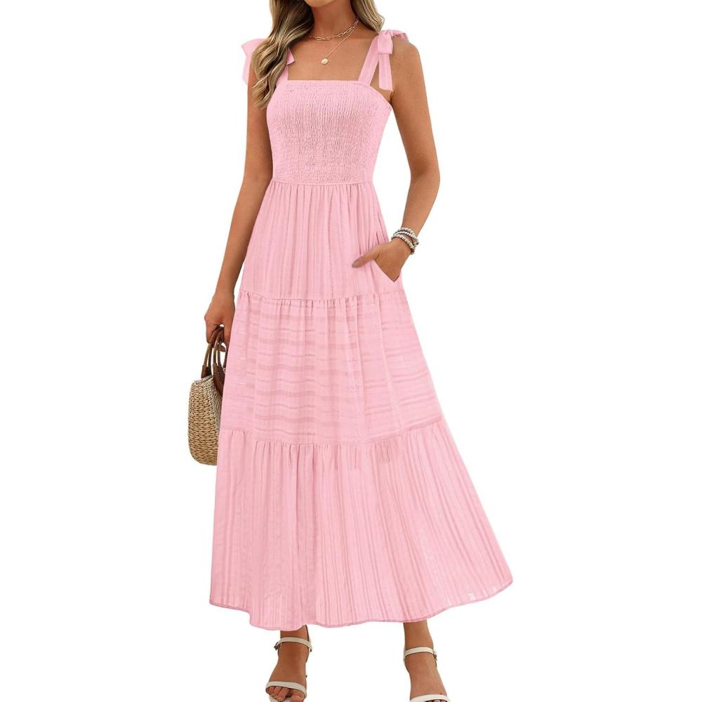 imageMEROKEETY Womens 2026 Spring Boho Maxi Dress Summer Beach Vacation Casual Sleeveless Smocked A Line Sundress with PocketsPink