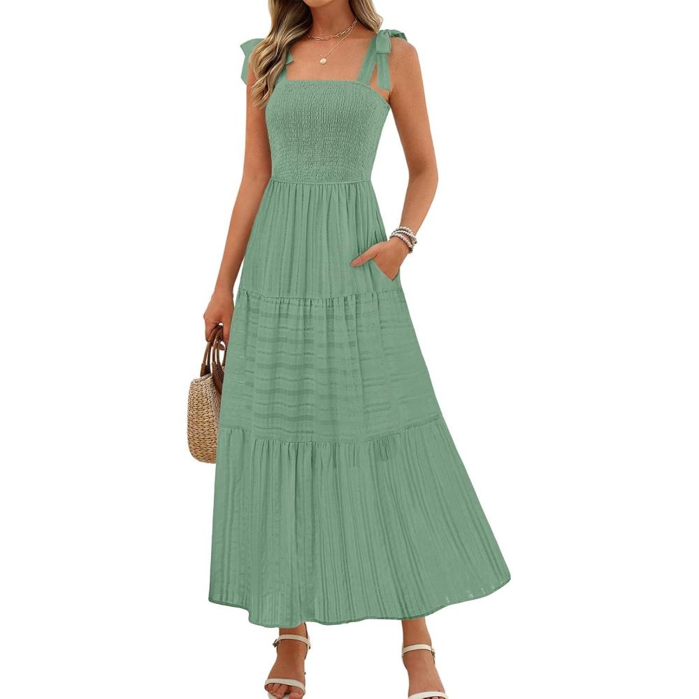 imageMEROKEETY Womens 2026 Spring Boho Maxi Dress Summer Beach Vacation Casual Sleeveless Smocked A Line Sundress with PocketsSeagrass
