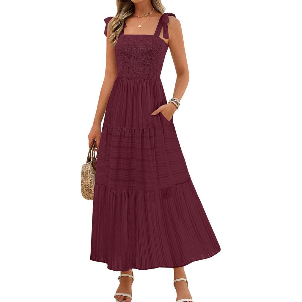 imageMEROKEETY Womens 2026 Spring Boho Maxi Dress Summer Beach Vacation Casual Sleeveless Smocked A Line Sundress with PocketsWine