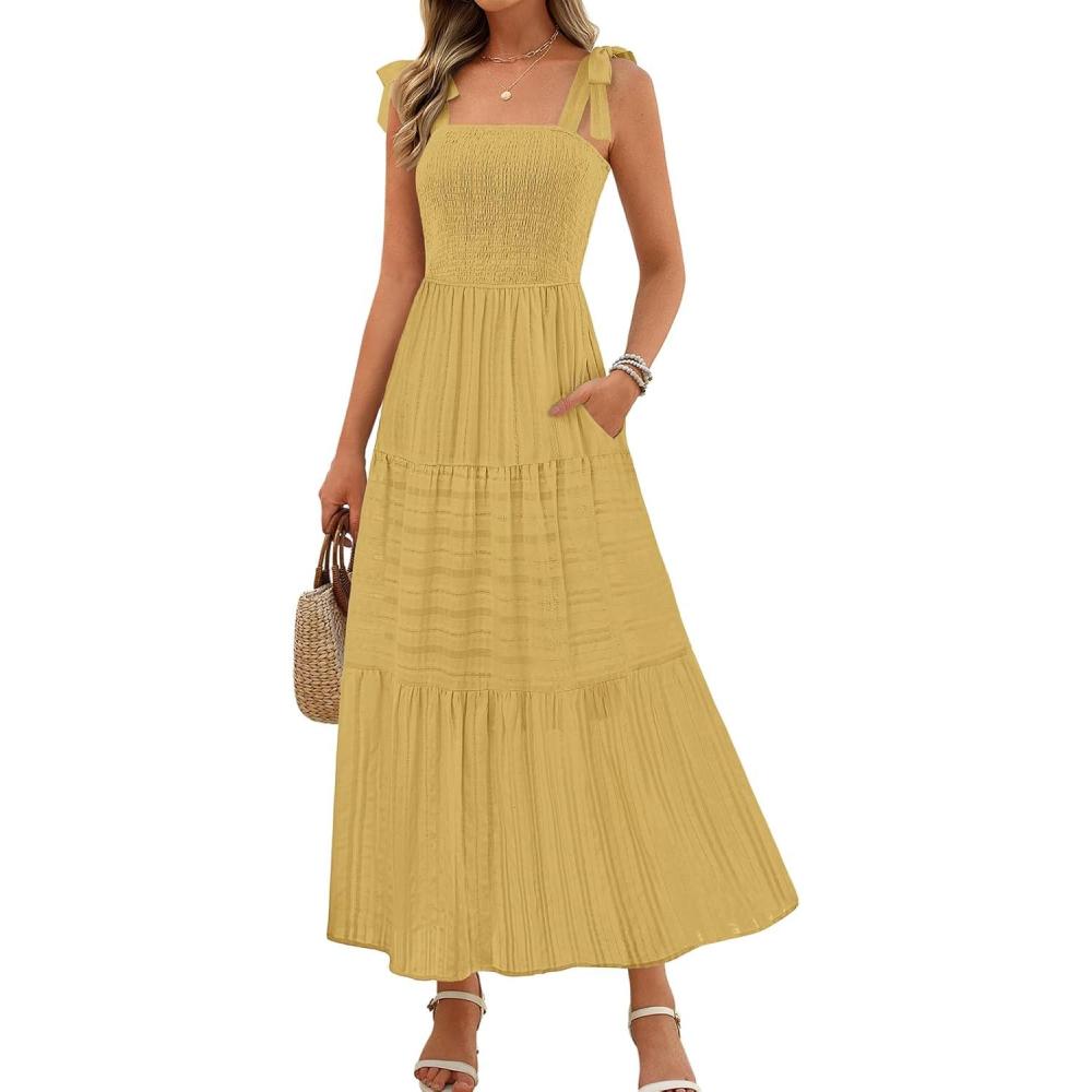 imageMEROKEETY Womens 2026 Spring Boho Maxi Dress Summer Beach Vacation Casual Sleeveless Smocked A Line Sundress with PocketsYellow