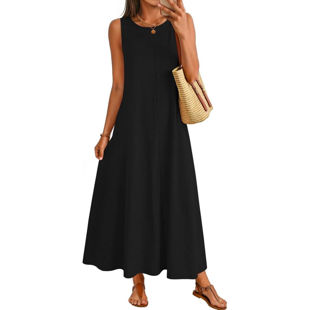 imageMEROKEETY Womens 2026 Summer Maxi Dress Sleeveless Crewneck Casual Loose Beach Vacation Basic Long SundressBlack