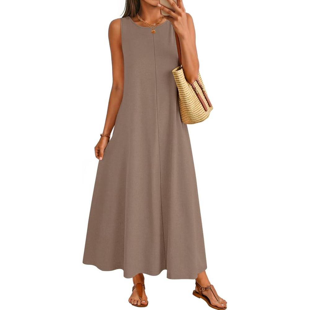 imageMEROKEETY Womens 2026 Summer Maxi Dress Sleeveless Crewneck Casual Loose Beach Vacation Basic Long SundressMocha
