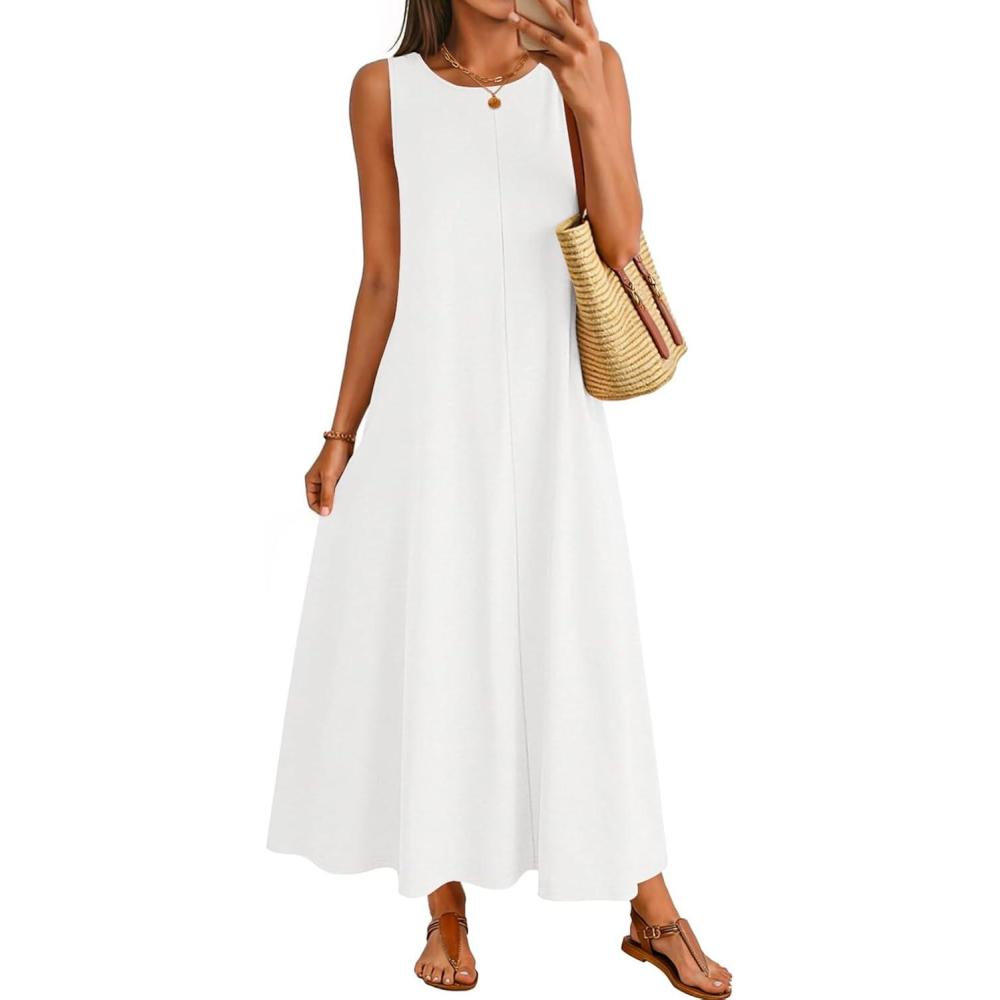 imageMEROKEETY Womens 2026 Summer Maxi Dress Sleeveless Crewneck Casual Loose Beach Vacation Basic Long SundressWhite