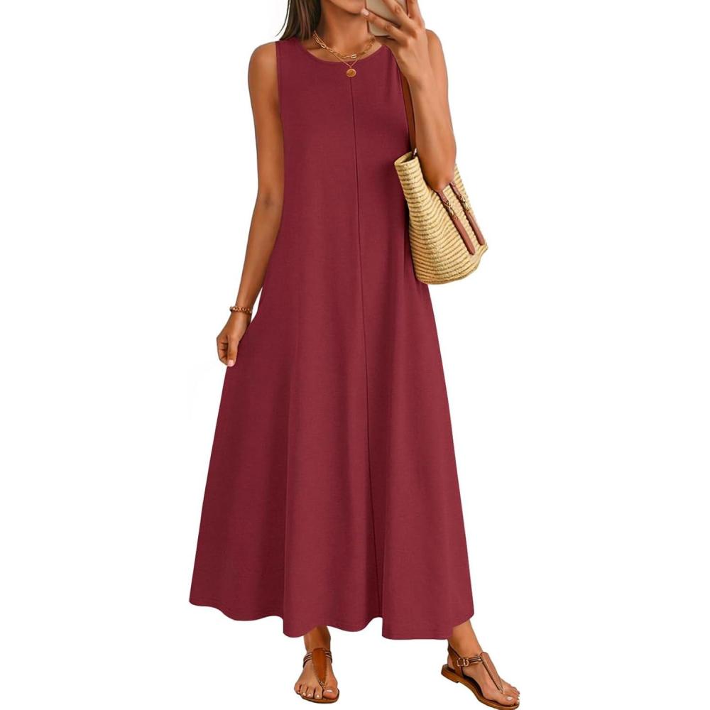 imageMEROKEETY Womens 2026 Summer Maxi Dress Sleeveless Crewneck Casual Loose Beach Vacation Basic Long SundressWinered