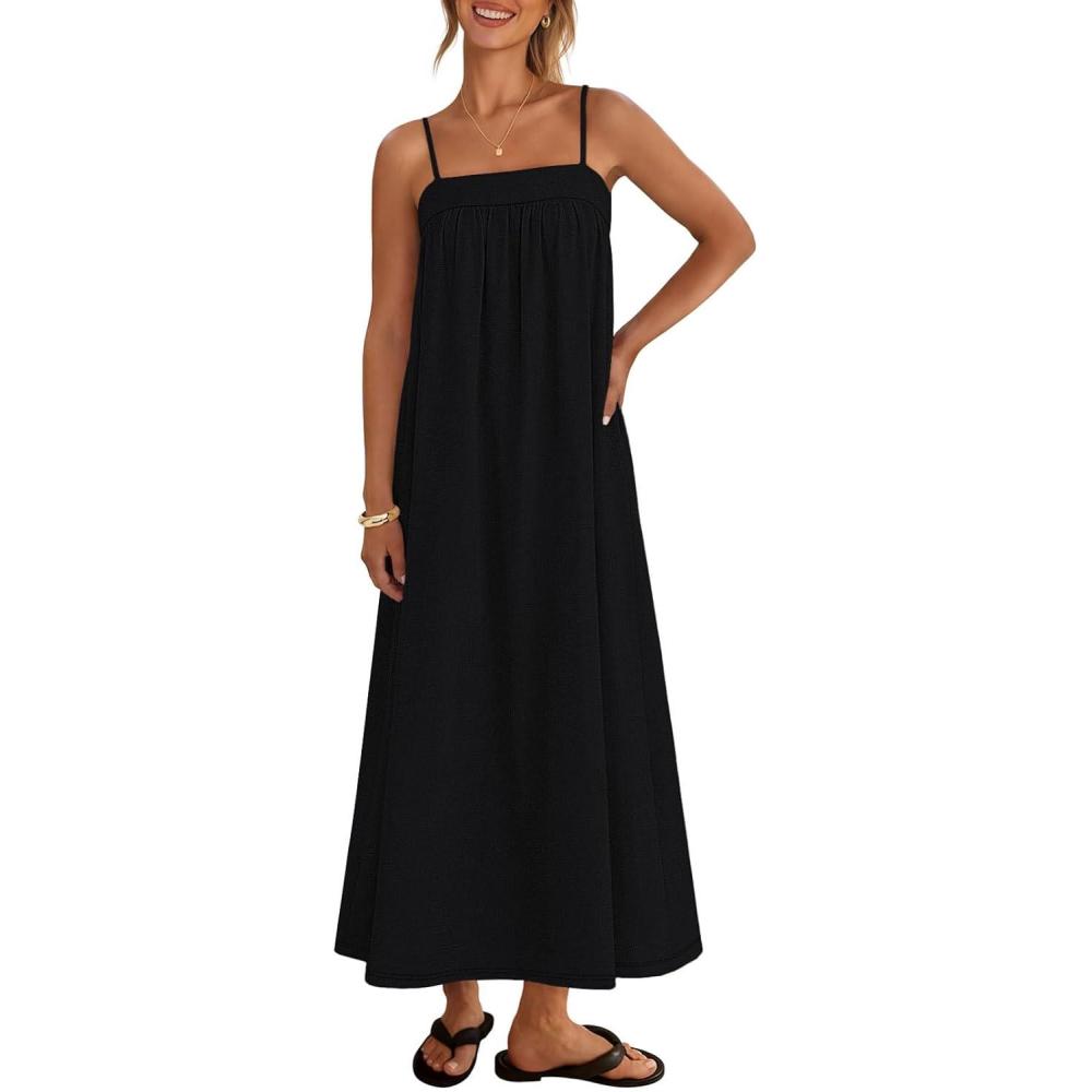 imageMEROKEETY Womens Boho Maxi Dresses 2026 Spaghetti Straps Spring Summer Sundress Casual Beach Vacation Long DressesBlack