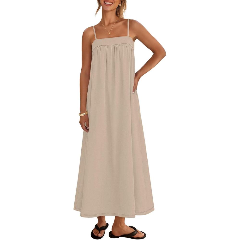 imageMEROKEETY Womens Boho Maxi Dresses 2026 Spaghetti Straps Spring Summer Sundress Casual Beach Vacation Long DressesKhaki