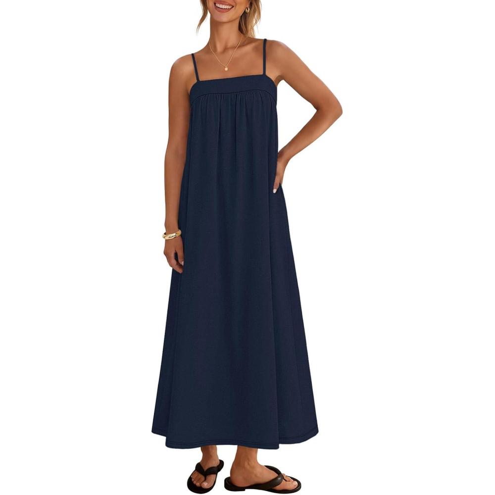 imageMEROKEETY Womens Boho Maxi Dresses 2026 Spaghetti Straps Spring Summer Sundress Casual Beach Vacation Long DressesNavy