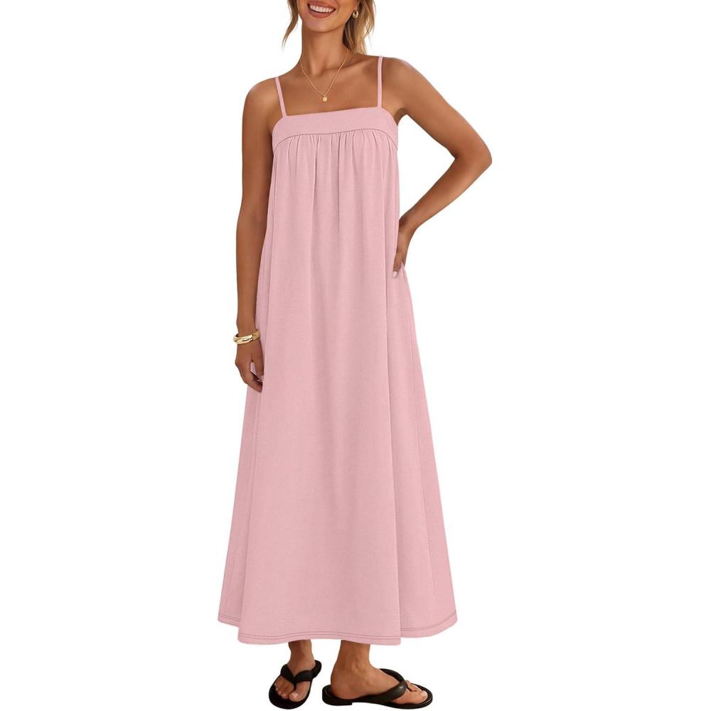 imageMEROKEETY Womens Boho Maxi Dresses 2026 Spaghetti Straps Spring Summer Sundress Casual Beach Vacation Long DressesPink
