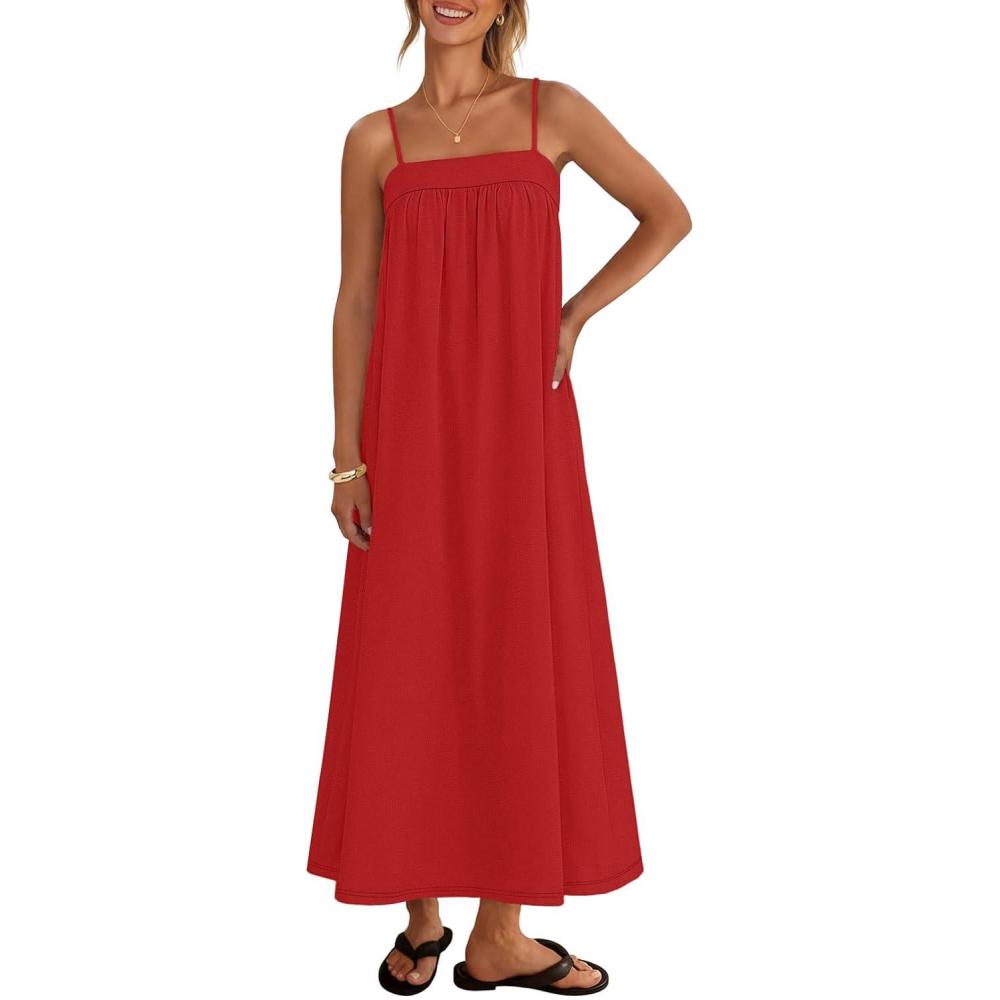 imageMEROKEETY Womens Boho Maxi Dresses 2026 Spaghetti Straps Spring Summer Sundress Casual Beach Vacation Long DressesRed