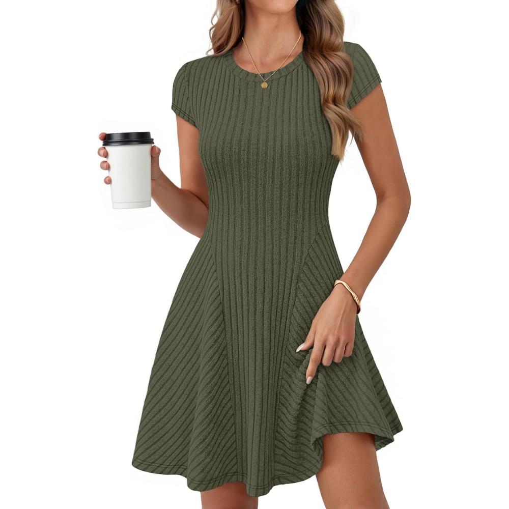 imageMEROKEETY Womens Summer Ribbed Mini Sweater Dress 2026 Spring Casual Crewneck Cap Sleeve Knit A Line Short DressesArmy Green
