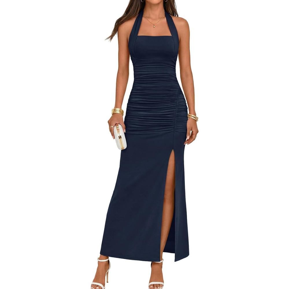 imageMEROKEETY Womens Wedding Guest Dress Summer Sleeveless Halter Backless Slit Ruched Beach Cocktail Formal Maxi DressesNavy