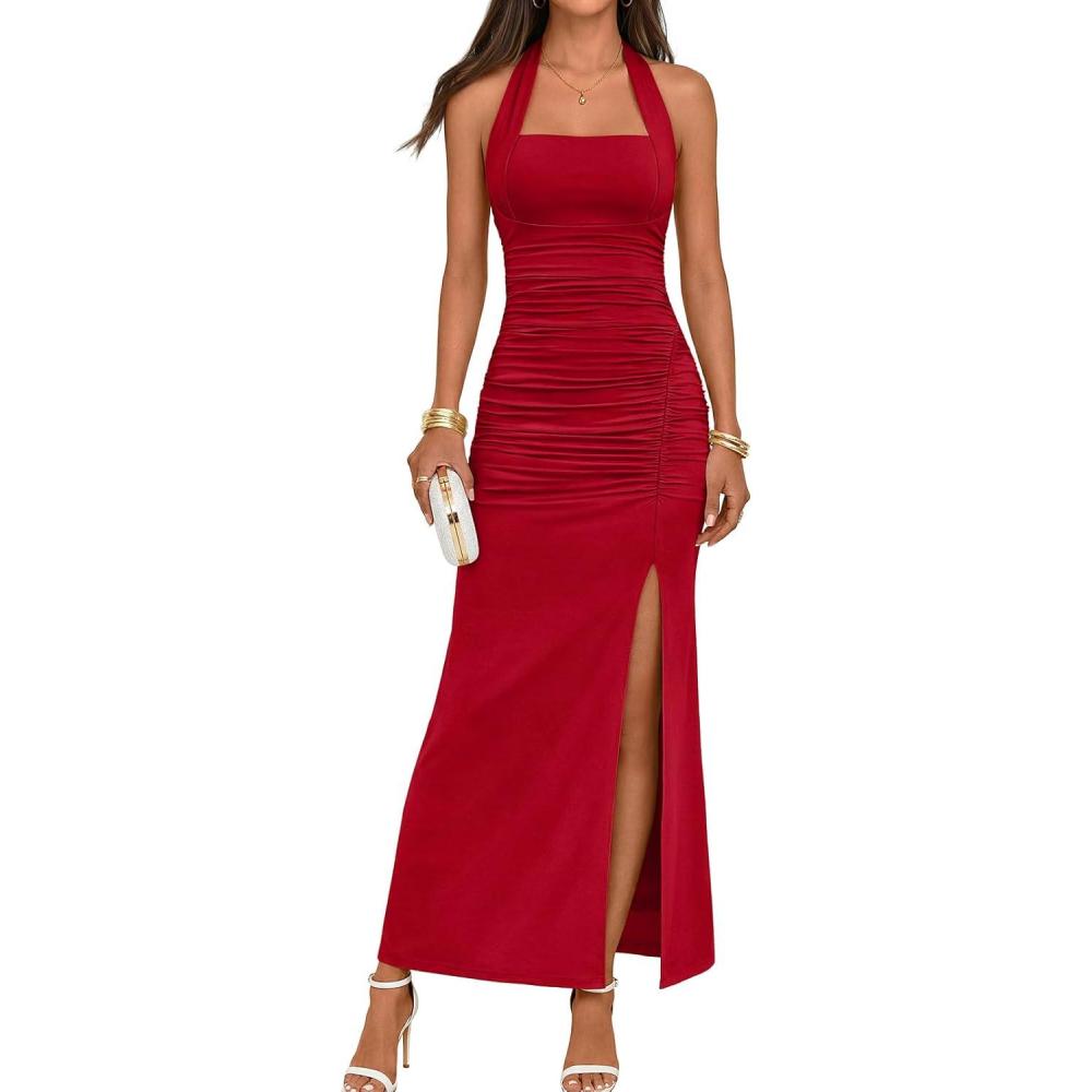 imageMEROKEETY Womens Wedding Guest Dress Summer Sleeveless Halter Backless Slit Ruched Beach Cocktail Formal Maxi DressesRed