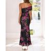 MEROKEETY Women’s Floral Maxi Dress 2026 Summer Off Shoulder Ruched Mesh Bodycon Cocktail Wedding Guest Party Dresses(Black)