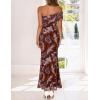 MEROKEETY Women’s Floral Maxi Dress 2026 Summer Off Shoulder Ruched Mesh Bodycon Cocktail Wedding Guest Party Dresses(Brown)