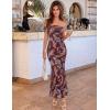 MEROKEETY Women’s Floral Maxi Dress 2026 Summer Off Shoulder Ruched Mesh Bodycon Cocktail Wedding Guest Party Dresses(Brown)