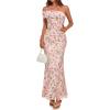 MEROKEETY Women’s Floral Maxi Dress 2026 Summer Off Shoulder Ruched Mesh Bodycon Cocktail Wedding Guest Party Dresses(Beige)